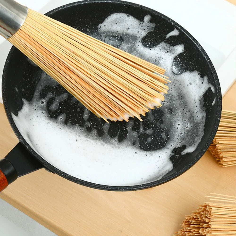 Natural Cleaning Brush Bamboo Pot Brush Long Handle Wok Cleaning Brush Dish Brush Kitchen Tool for Home Restaurant