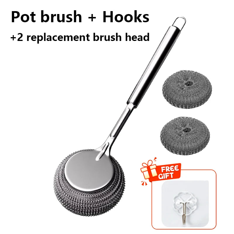304 Stainless Steel Pot Brush Kitchen Special Pot Washing Steel Wool Ball Brush Long Handle Dish Cleaning Brush Pot Brush Tools
