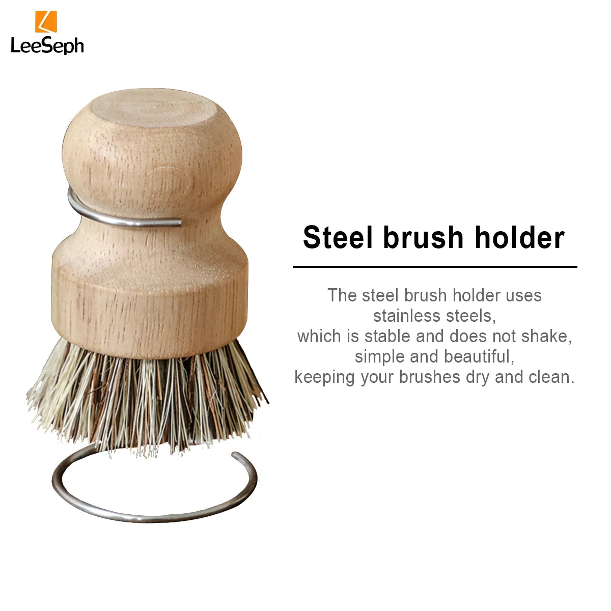 Leeseph Palm Pot Brush, Wood Dishes Brush with Stainless Steel Holder, for Cleaning Dishes, Sinks, Cast Iron Pots and Pan
