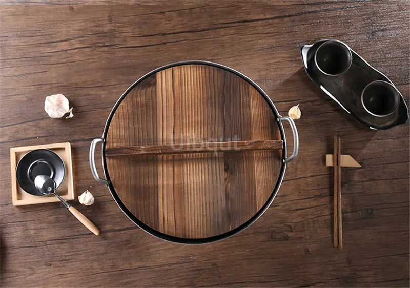 Wooden wood cover Handmade fir anti-scalding pot cover wok lid hypotenuse iron wood lid iron wok wooden pan lid der Deckel