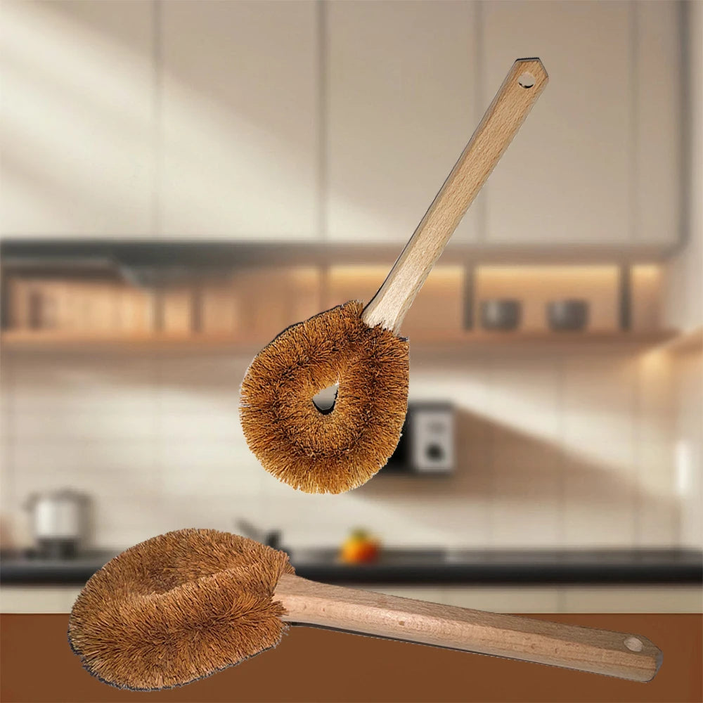 Eco Coconut Fiber Dish Brush with Bamboo Handle Durable Pot Scrubber for Non-Stick Pans Kitchen & Bath Cleaning Tool