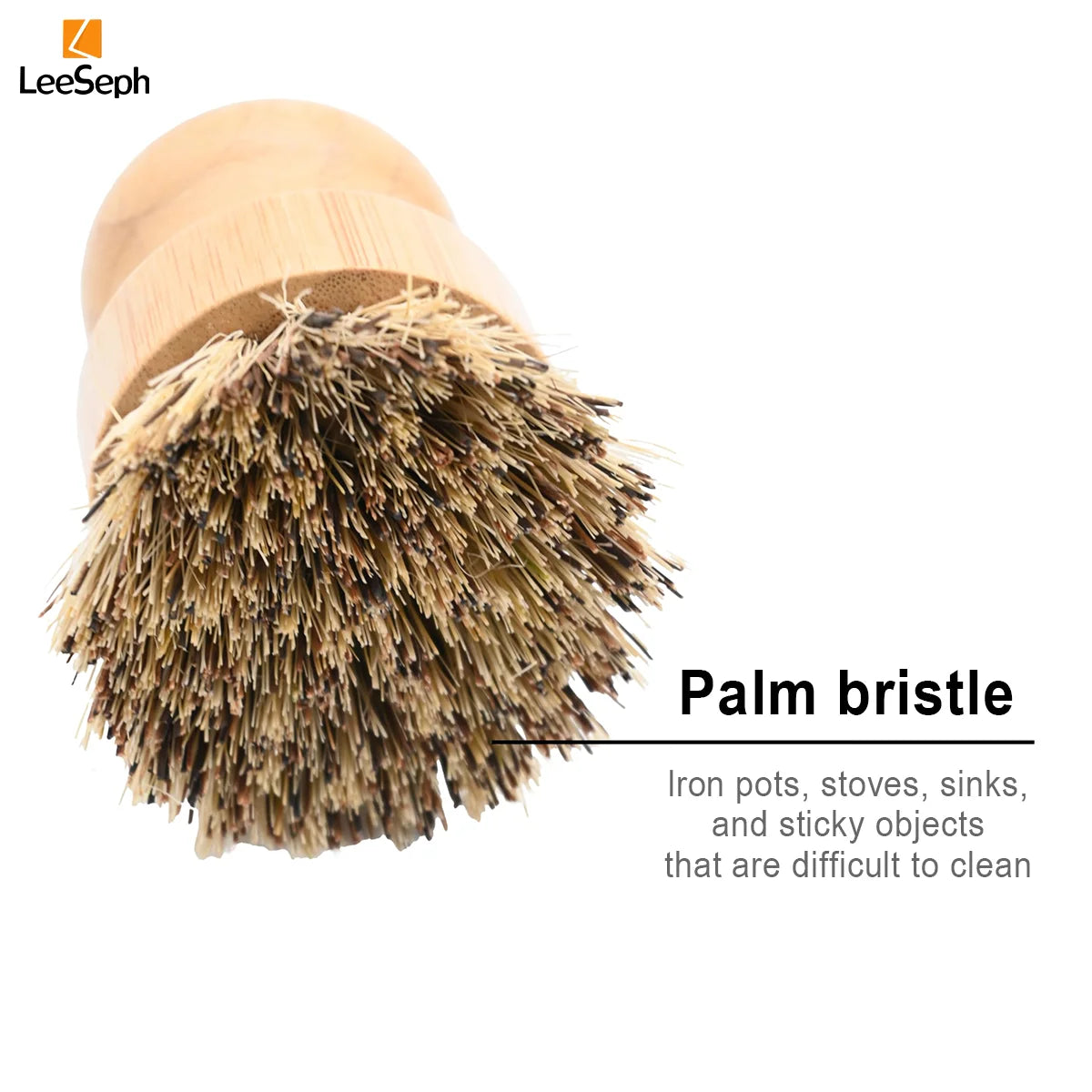 Leeseph Palm Pot Brush, Wood Dishes Brush with Stainless Steel Holder, for Cleaning Dishes, Sinks, Cast Iron Pots and Pan