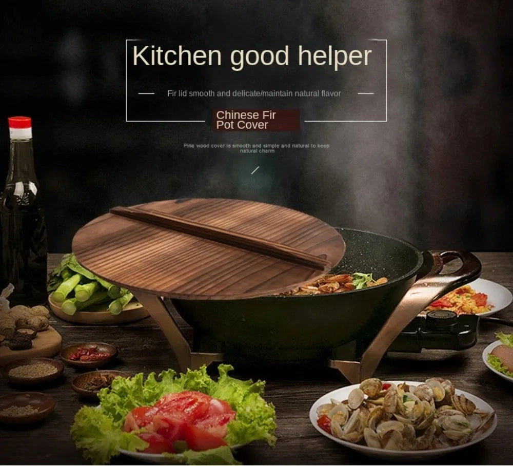 Traditional Universal Wooden Pot Cover 22-34cm Anti Scalding Iron Wok Pan Lid Round Cookware Parts Kitchen Accessories