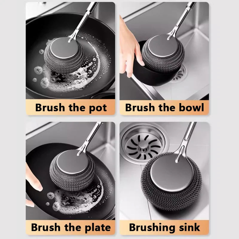 304 Stainless Steel Pot Brush Kitchen Special Pot Washing Steel Wool Ball Brush Long Handle Dish Cleaning Brush Pot Brush Tools
