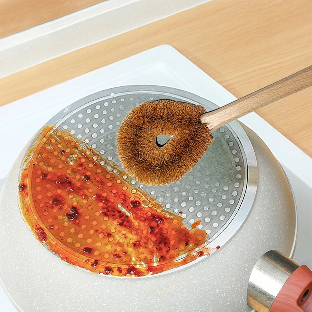 Eco Coconut Fiber Dish Brush with Bamboo Handle Durable Pot Scrubber for Non-Stick Pans Kitchen & Bath Cleaning Tool