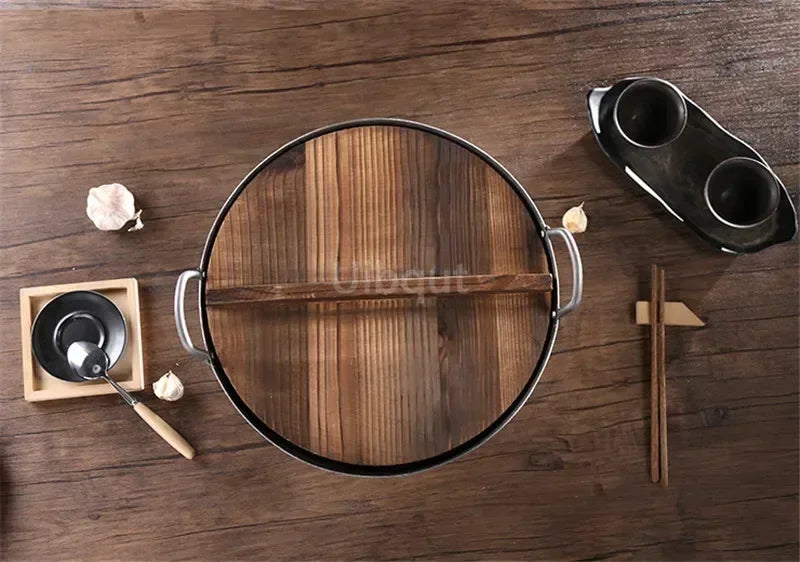 Wooden wood cover Handmade fir anti-scalding pot cover wok lid hypotenuse iron wood lid iron wok wooden pan lid der Deckel