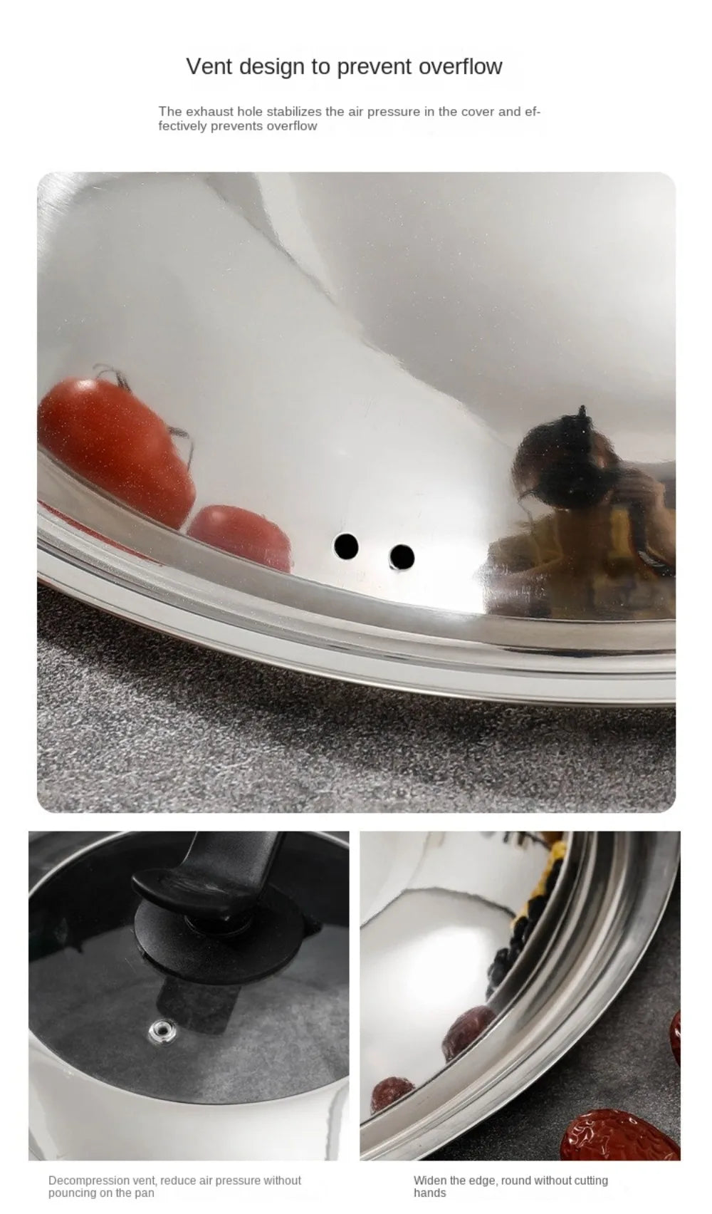 Round 28/30/32/34/36cm Cooking Pot Lid Visible Stainless Steel Wok Lids Anti-scalding Combined Pot Cover Household