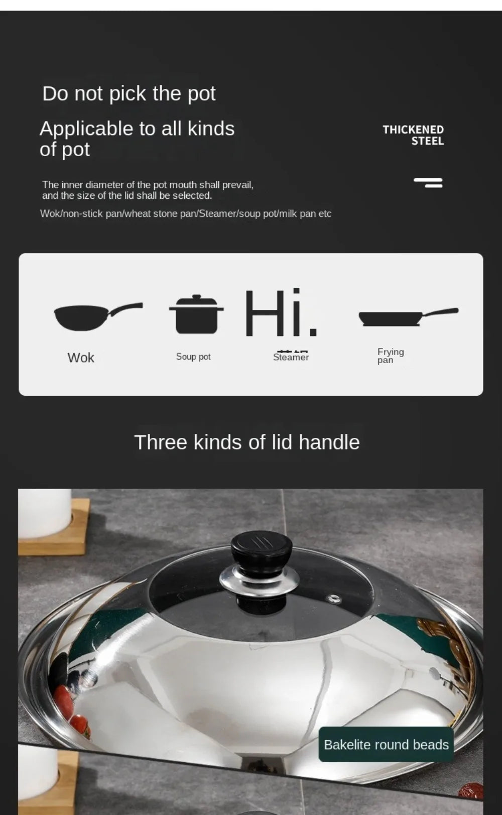 Round 28/30/32/34/36cm Cooking Pot Lid Visible Stainless Steel Wok Lids Anti-scalding Combined Pot Cover Household