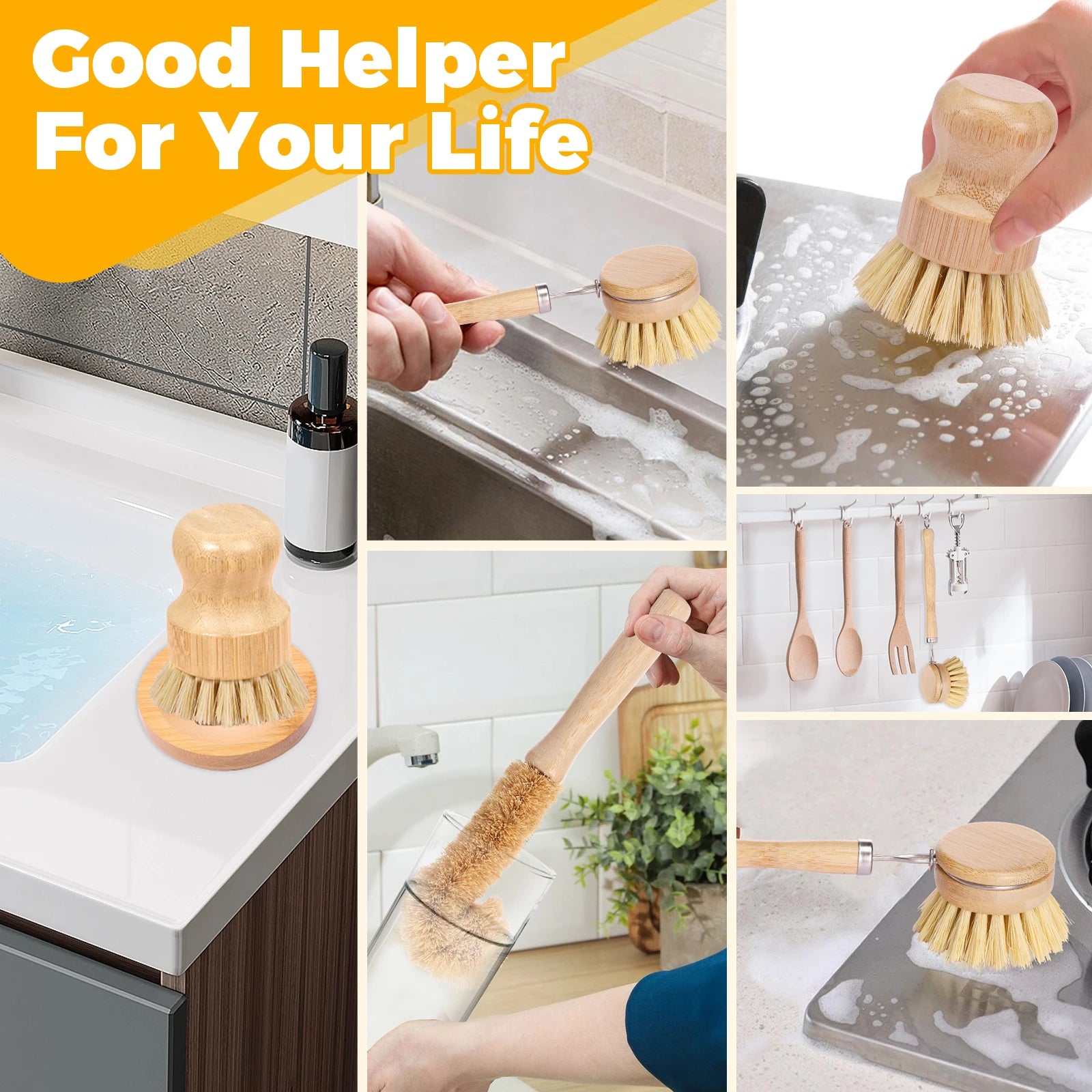 4/5Pcs Bamboo Dish Brush Set Pot Cleaning Brush Long Handle Kitchen Dishes Scrubber Strong Decontamination Rust Removal Utensils