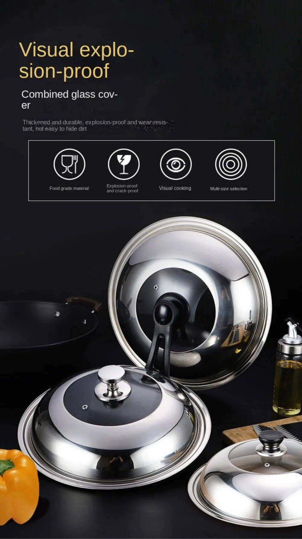 Round 28/30/32/34/36cm Cooking Pot Lid Visible Stainless Steel Wok Lids Anti-scalding Combined Pot Cover Household