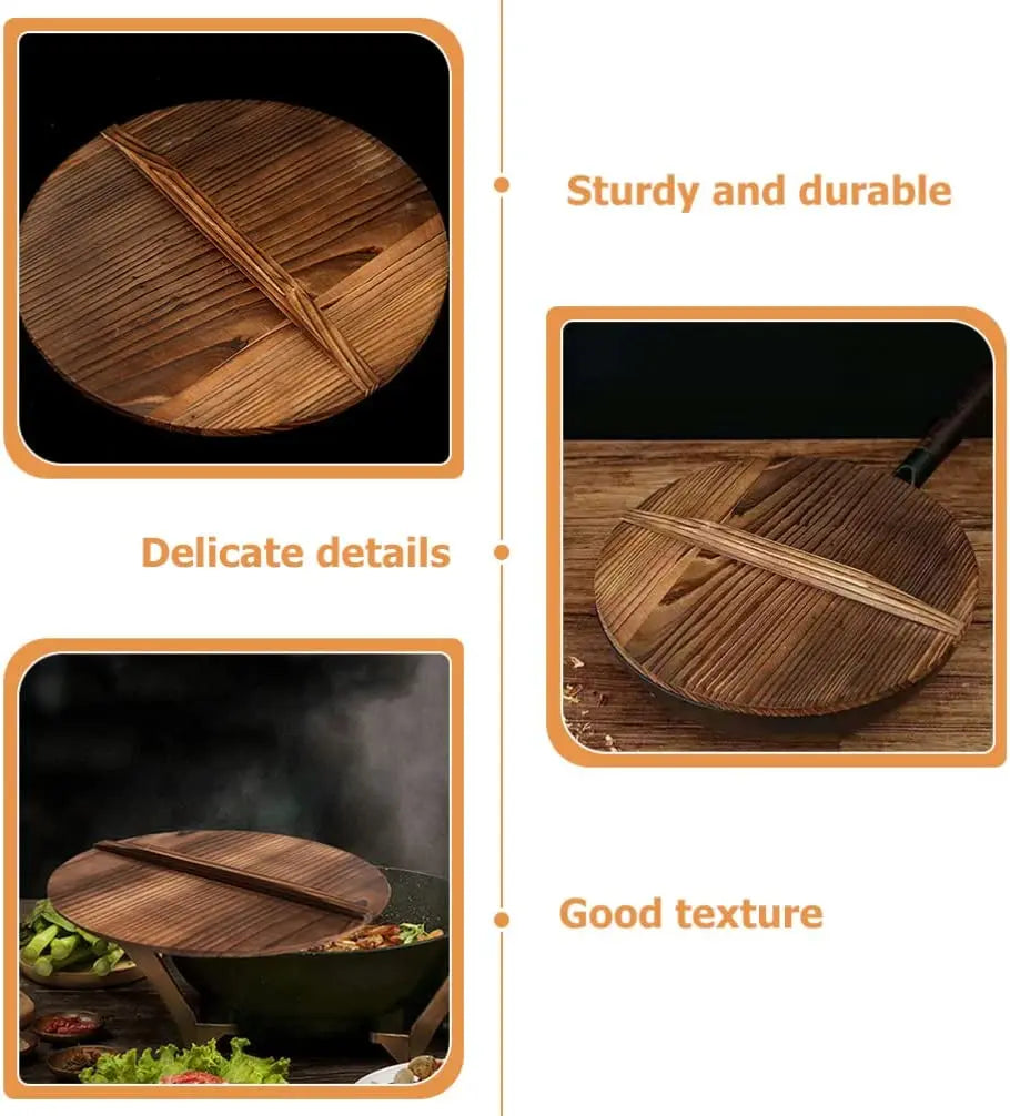 32CM Wooden Wok Lid Round Natural Lid Pot Kitchen Cookware Wood Pan CoverKitchen Accessories Covers