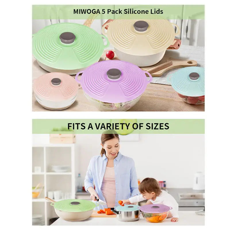 Silicone Lids For Bowl, Reusable Sealed Suction Lids Fits Cups, Plates, Pots, Pans, Food Storage Kitchen Gadgets 5 size