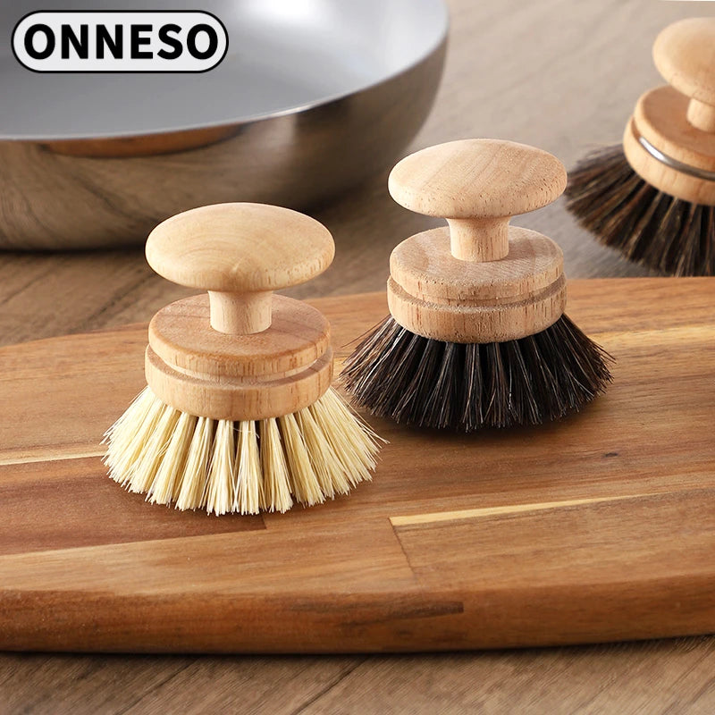 Natural Horse Hair Tableware Brush, Environmentally Friendly Sisal Pot and Bowl Brush for Kitchen, Wooden Pot Washing Brush