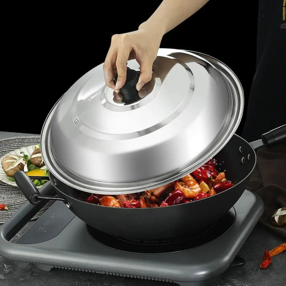 Black Plastic Knot Stainless Steel Pot Lid Household Anti- Spill Anti-Scald Wok Lid 32/34/36/38/40cm Round Pot Cover Skillets