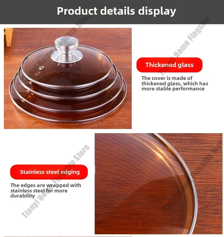 Tea color Glass Pot Lid Stainless steel Rimmed Pan Lid Spill Shatter-Proof Round Chef Glass Cover for Versatile Home Cooking Pan