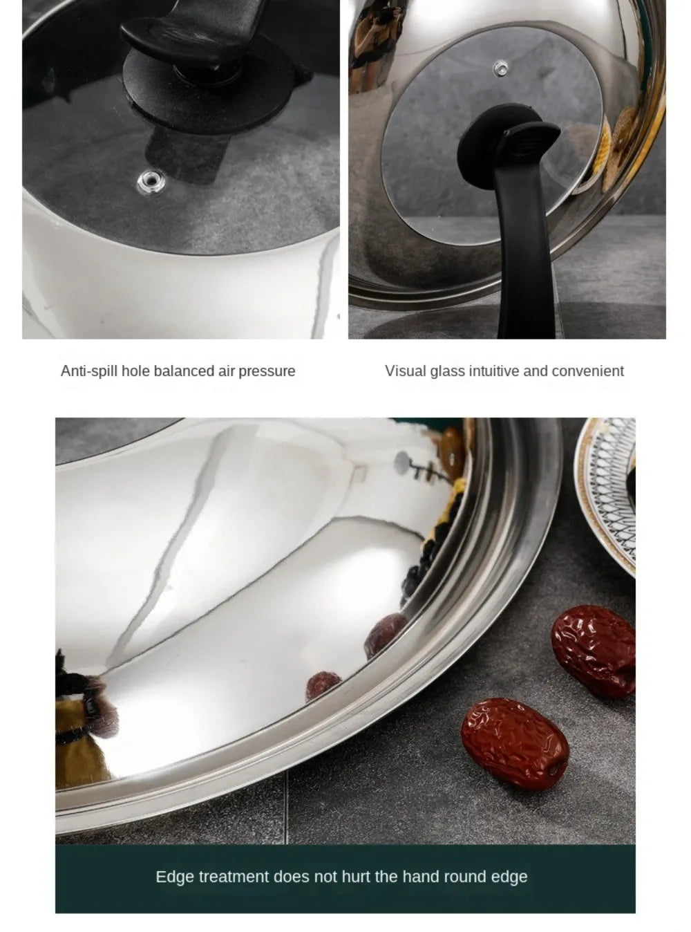 Round 28/30/32/34/36cm Cooking Pot Lid Visible Stainless Steel Wok Lids Anti-scalding Combined Pot Cover Household