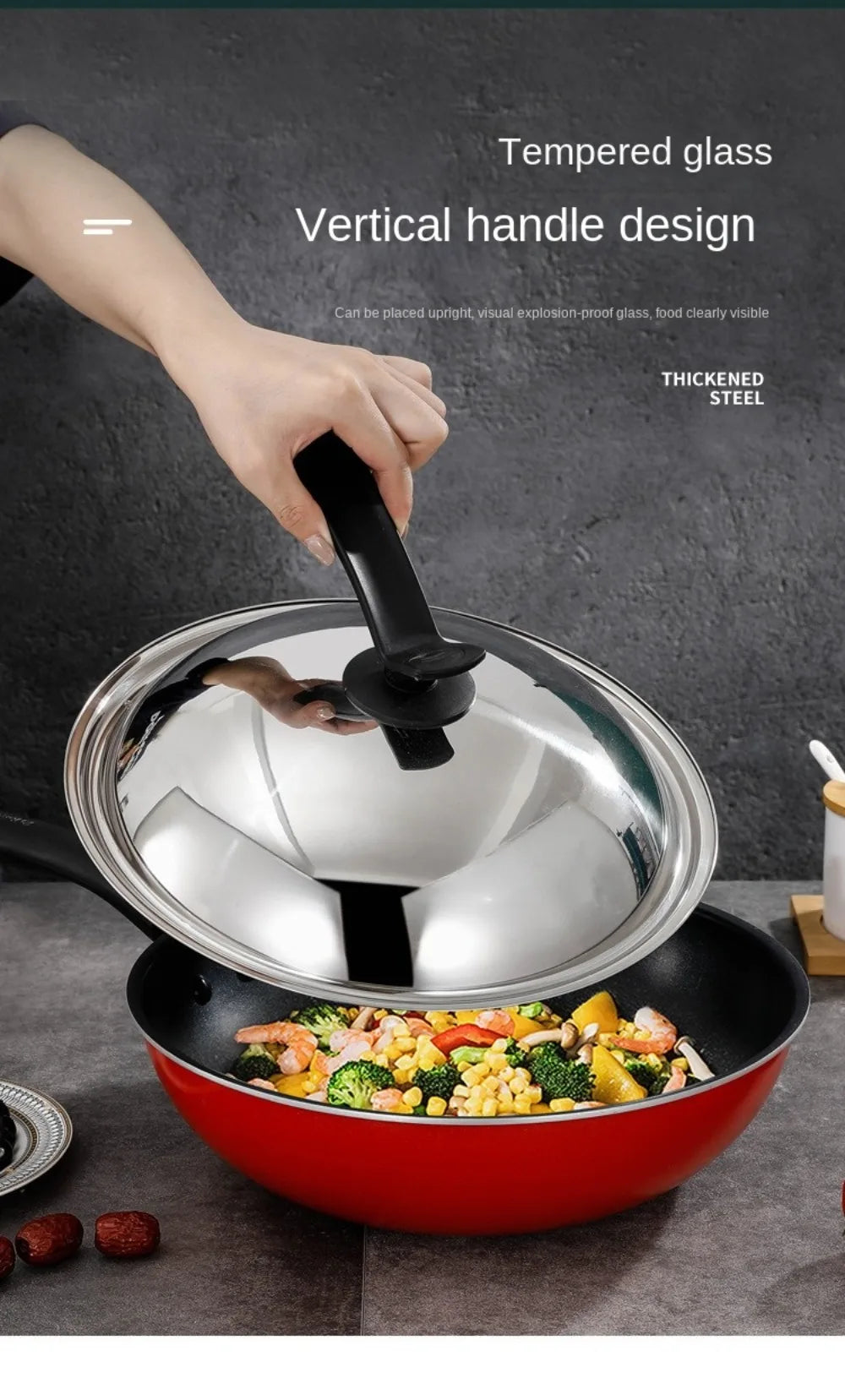 Round 28/30/32/34/36cm Cooking Pot Lid Visible Stainless Steel Wok Lids Anti-scalding Combined Pot Cover Household