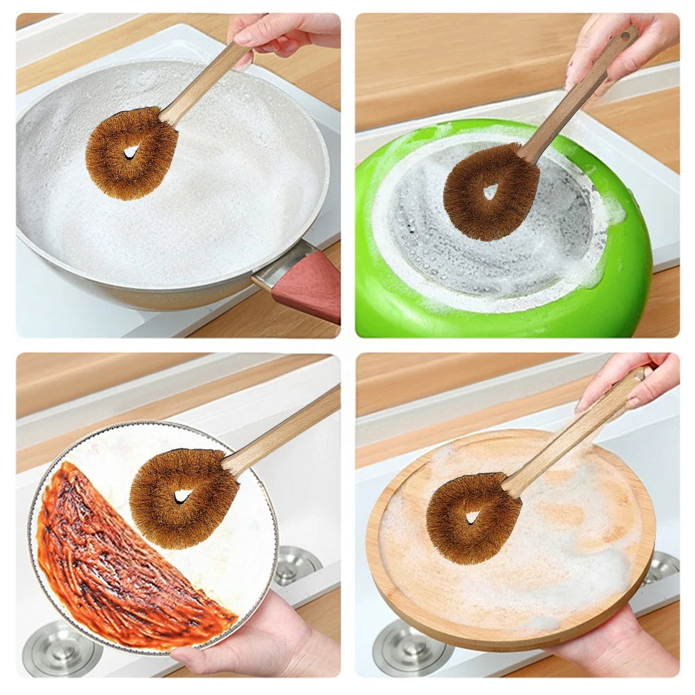 Eco Coconut Fiber Dish Brush with Bamboo Handle Durable Pot Scrubber for Non-Stick Pans Kitchen & Bath Cleaning Tool