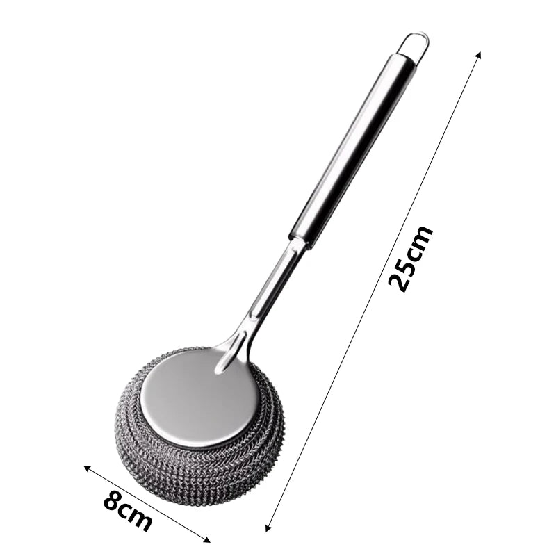 304 Stainless Steel Pot Brush Kitchen Special Pot Washing Steel Wool Ball Brush Long Handle Dish Cleaning Brush Pot Brush Tools