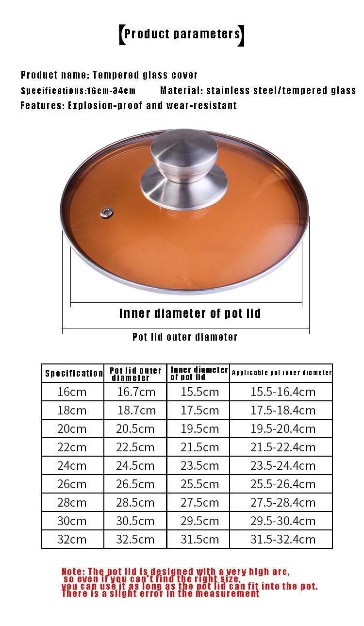 Tea color Glass Pot Lid Stainless steel Rimmed Pan Lid Spill Shatter-Proof Round Chef Glass Cover for Versatile Home Cooking Pan