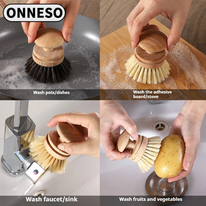 Natural Horse Hair Tableware Brush, Environmentally Friendly Sisal Pot and Bowl Brush for Kitchen, Wooden Pot Washing Brush