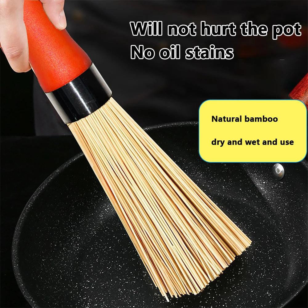 Natural Cleaning Brush Bamboo Pot Brush Long Handle Wok Cleaning Brush Dish Brush Kitchen Tool for Home Restaurant