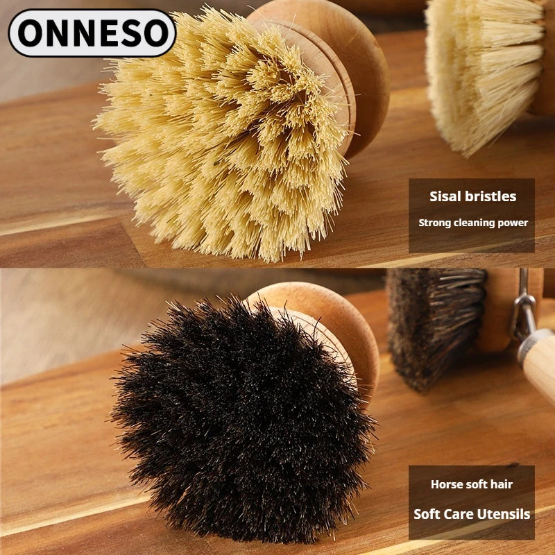 Natural Horse Hair Tableware Brush, Environmentally Friendly Sisal Pot and Bowl Brush for Kitchen, Wooden Pot Washing Brush
