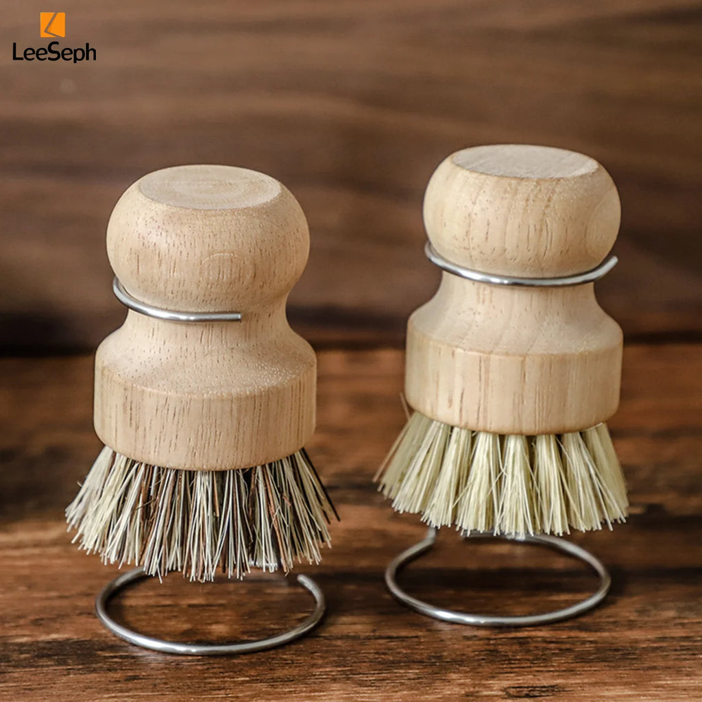 Leeseph Palm Pot Brush, Wood Dishes Brush with Stainless Steel Holder, for Cleaning Dishes, Sinks, Cast Iron Pots and Pan
