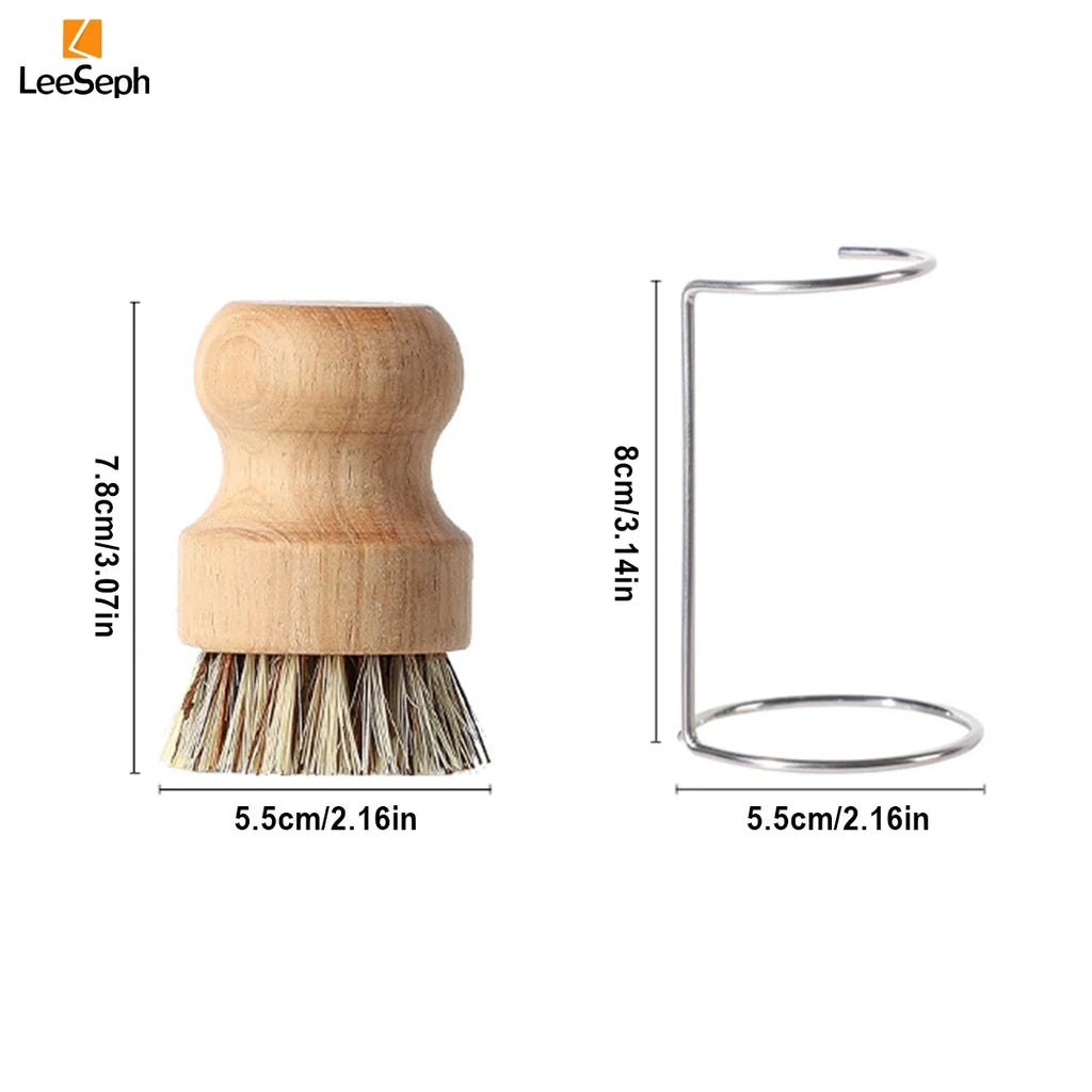 Leeseph Palm Pot Brush, Wood Dishes Brush with Stainless Steel Holder, for Cleaning Dishes, Sinks, Cast Iron Pots and Pan